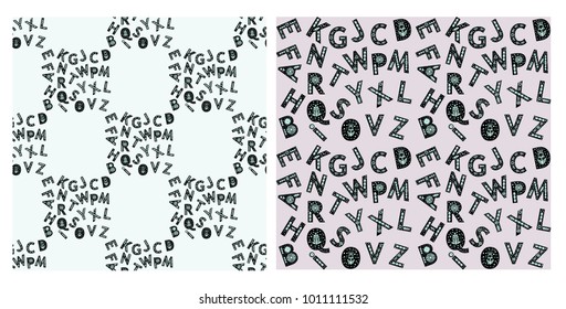 black and white pattern with curly letters