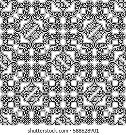 Black and white pattern, curly seamless background, abstract vector decorative ornament