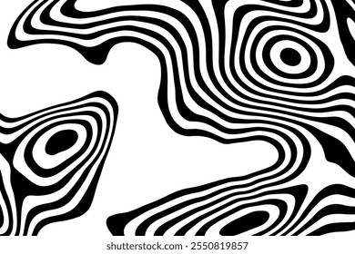 Padrão em preto e branco. Listras curvas em preto e branco, linhas onduladas fluidas, ondas artísticas.