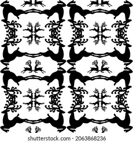 Black and white pattern of deer silhouettes. Symmetrical vector pattern for different surfaces.
