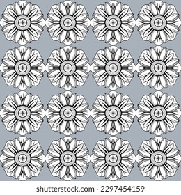 Black and white pattern with detailed sunflowers on gray background, great for vintage bedding and retro wallpaper.
