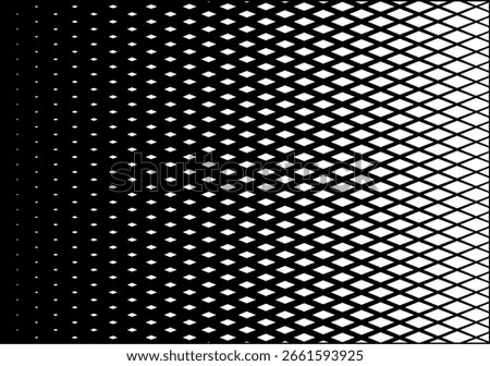 black and white pattern of diamond shapes arranged in a grid. The diamonds gradually increase in size from left to right, creating a visual gradient effect.