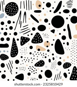 black and white pattern with different shapes, in the style of memphis design, confetti-like dots, simplistic characters, chaotic academia, creased, thin steel forms, primitivist style