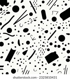 black and white pattern with different shapes, in the style of memphis design, confetti-like dots, simplistic characters, chaotic academia, creased, thin steel forms, primitivist style