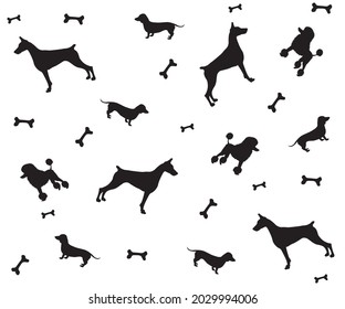 black and white pattern of dog silhouettes-dachshund, poodle and doberman