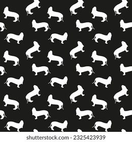 Black and white pattern with dogs, basset hound. Elegant, soft seamless background, abstract background. Birthday present wrapping paper. Fashion decoration. Dog white silhouettes background, popular.