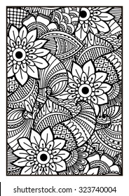 Black and white pattern. Ethnic henna hand drawn background for coloring book, textile or wrapping.
