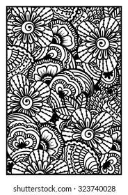 Black and white pattern. Ethnic henna hand drawn background for coloring book, textile or wrapping.