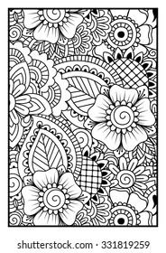 Black and white pattern. Ethnic henna hand drawn background for coloring book, textile or wrapping.