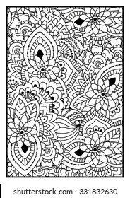 Black and white pattern. Ethnic henna hand drawn background for coloring book, textile or wrapping.