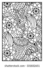 Black and white pattern. Ethnic henna hand drawn background for coloring book, textile or wrapping.