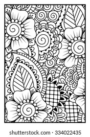 Black and white pattern. Ethnic henna hand drawn background for coloring book, textile or wrapping.