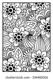 Black and white pattern. Ethnic henna hand drawn background for coloring book, textile or wrapping.