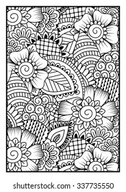 Black and white pattern. Ethnic henna hand drawn background for coloring book, textile or wrapping.