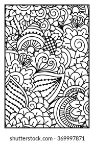 Black and white pattern. Ethnic henna hand drawn background for coloring book, textile or wrapping.