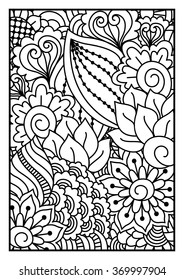 Black and white pattern. Ethnic henna hand drawn background for coloring book, textile or wrapping.