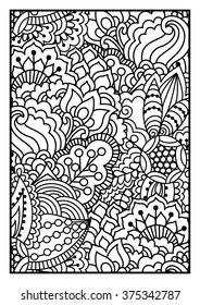 Black and white pattern. Ethnic henna hand drawn background for coloring book, textile or wrapping.