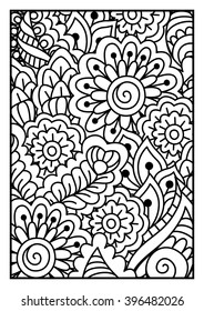 Black and white pattern. Ethnic henna hand drawn background for coloring book, textile or wrapping.