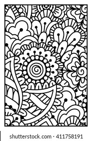 Black and white pattern. Ethnic henna hand drawn background for coloring book, textile or wrapping.