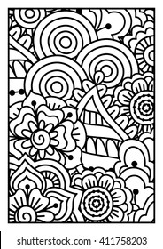 Black and white pattern. Ethnic henna hand drawn background for coloring book, textile or wrapping.