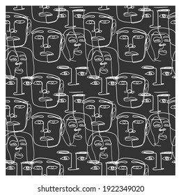 Black and white pattern of faces drawn with a free line. Image for a poster or cover. Repeating texture. Figure for textiles.