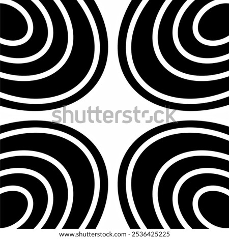 a black and white pattern featuring abstract concentric oval shapes in a four-quadrant arrangement. The bold curves create a sense of rhythm and flow, lending a modern and dynamic aesthetic.