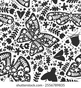 Black and white pattern featuring butterflies, flies, and moths. A seamless design in a flat ink vector style. Scandinavian-style monochrome insects with floral elements, ideal for textiles, labels