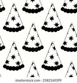 Black and white pattern of festive hats decorated with stars and pom poms on a light background