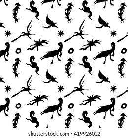 The black and white pattern with figures of dinosaurs and pterodactyles.