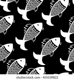 Black and white pattern with fishes. Vector seamless background
