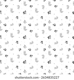 Padrão preto e branco, padrão floral sem emenda, pequenas flores bonitas e fundo de folha. Padrão de repetição de flores. Impressão eritematosa, design de superfície. Ditsy floral para moda, textura, tecido, envoltório, decoração