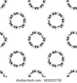 Black and white pattern of floral wreaths. Seamless vector background with botanical elements.