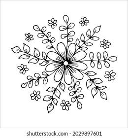 Black and white pattern flower arrangement in doodle or sketch style, vector graphics