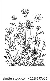 Black and white pattern flower arrangement in doodle or sketch style, vector graphics