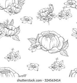 Black And White Pattern of Flowers. Floral Seamless Outline Monochrome Ornament. Wildflowers, Dog Rose, Peonies Sketchy Background.