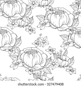 Black And White Pattern of Flowers. Floral Seamless Outline Monochrome Ornament. Wildflowers, Rose, Peonies Sketchy Background. 