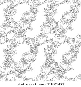 Black And White Pattern of Flowers. Floral Seamless Outline Monochrome Ornament. Wildflowers,  Rose, Peonies Sketchy Background. 