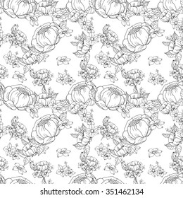 Black And White Pattern of Flowers. Floral Seamless Outline Monochrome Ornament. Wildflowers, Rose, Peonies Sketchy Background. 