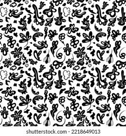 Black and white pattern of flowers and leaves. Fantasy soft shapes. Vector seamless image on a transparent background.