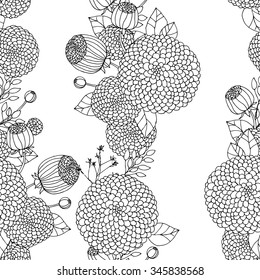 Black And White Pattern Flowers and leaves Garlands.Floral Seamless Outline Monochrome Ornament. Asters Sketchy Background. 