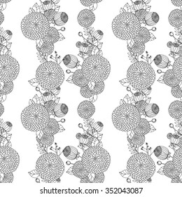 Black And White Pattern Flowers and leaves Garlands.Floral Seamless Outline Monochrome Ornament. Asters Sketchy Background.