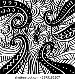 Black and white pattern with flowers and paisley. vector illustration