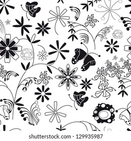 black white pattern of flowers and stems