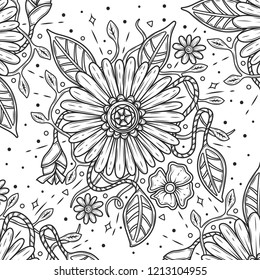 Black and white pattern of Flowers. Vector illustration for postcards or for background.