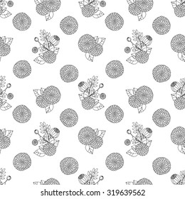 Black And White Pattern Flowers Vector.Floral Seamless Outline Monochrome Ornament. Asters Sketchy Background. 