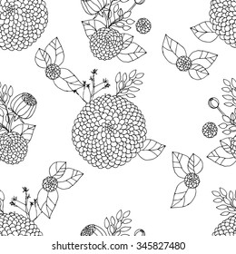 Black And White Pattern Flowers Vector.Floral Seamless Outline Monochrome Ornament. Asters Sketchy Background.