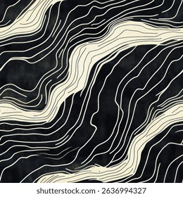 Black and white pattern of flowing lines with subtle shading, grunge lines ikat pattern, woodblock print seamless pattern, Vector illustration background for print the paper.