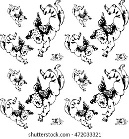 black and white pattern of the flying cupids
