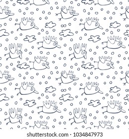 Black and white pattern with funny birds. Seamless background is drawn by a line.
