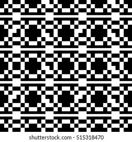   Black and white pattern of geometric shapes. Decorative pixel ornament. Geometric seamless pattern.